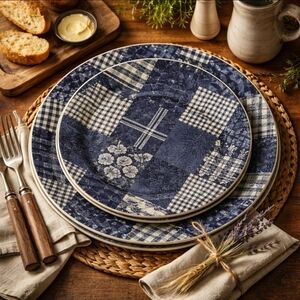 American Living Patchwork Denim Dinner Plates NWT Set of 2 Ironstone Americana